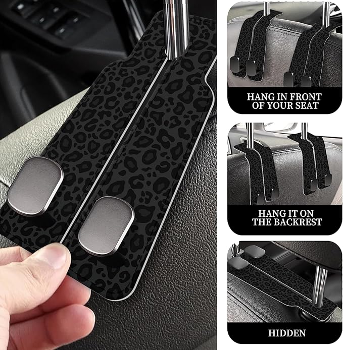 PU Leather Car Seat Hook, Storage Headrest Hanger, Cute Car Backseat Organizer, Car Hooks For Purses and Bags Black Leopard