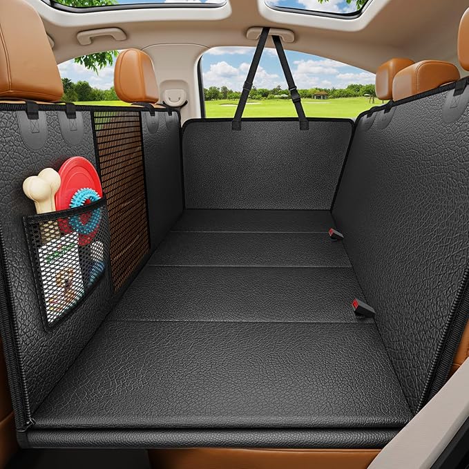 URPOWER PU Leather Backseat Extender for Dogs, Hard Bottom Dog Car Seat Cover for Back Seat, Waterproof Dog Car Hammock Anti-Scratch Pet Rear Seat Protector Travel Bed for Car and SUV