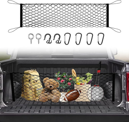 Truck Bed Cargo Net for 2019-2025 2026 Dodge Ram 1500 Accessories Envelope Style Mesh Trunk Net Organizer and Storage Stretchable Adjustable Elastic Nylon Rear Cargo Netting with Hooks