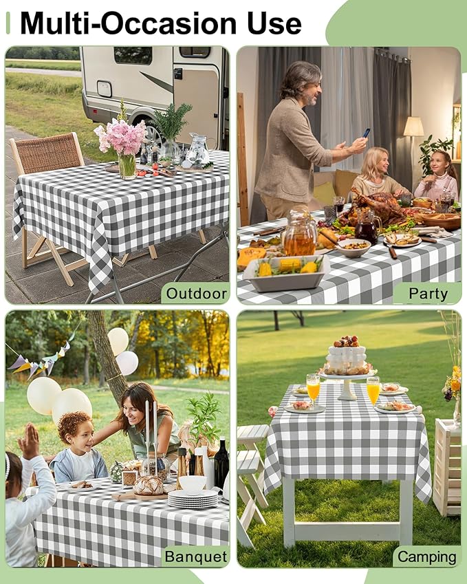 Smiry 8 Packs Gingham Disposable Table Cloth, 54 x 108 Inch Waterproof Plastic Tablecloth, Rectangle Grey and White Checkered Table Covers for Party, Birthday, Picnic, Banquet