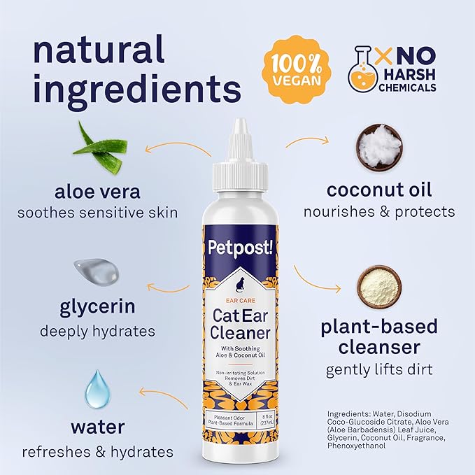 Petpost | Cat Ear Cleaner - Best Ear Remedy for Cats - Natural Coconut Oil Treatment Drops - Alcohol & Medicine Free - 8 oz.