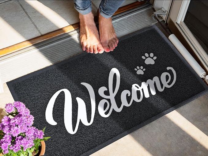 T.HENV Welcome Mat Outdoor, 2 Pack 30x17.5 Waterproof All-Season Front Door Mat Outside Entrance, All-Weather Quick Drying, Low Profile Doormat Indoor, Patio Porch Entryway Mat, Black-White