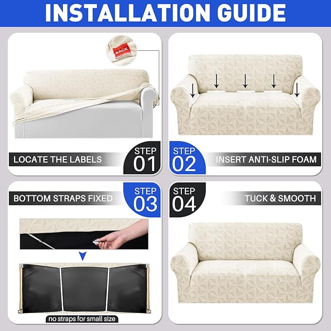 YEMYHOM 1 Piece Stretch Couch Covers for 2 Cushion Couch, Jacquard Loveseat Cover with Non-Slip Elastic Bottom, Thickened Slipcover Furniture Protector for Dogs Pets (Medium, Beige）