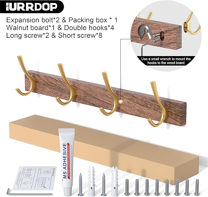 IURRDOP 17 Inch Walnut Wood Wall Mounted Coat Rack with 4 Gold Double Hooks, Adhesive Mounted Entryway Hooks, Modern Natural Wooden Pegs for Hanging Coat Clothes Hat Bag Purse Key and Towel