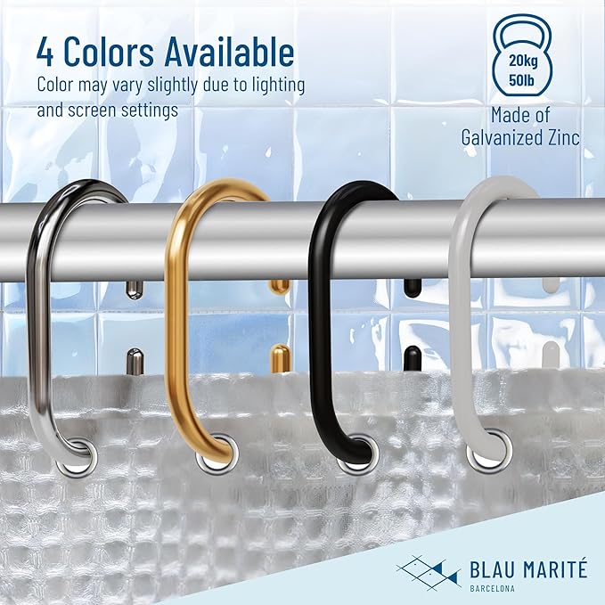 12 Metal Shower Curtain Hooks, Rust-Proof Decorative C-Shaped Curtain Hooks for Bathroom, Black Shower Curtain Rings, Fits Rods Up to 1 Inch (C, Black)