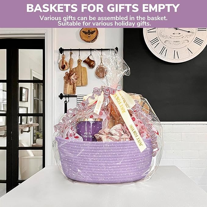 CHICVITA Gift Basket Empty, Small Easter Basket with Gift Bags & Ribbon for Easter, Dog Toy Storage, 12"x 8"x 5", Purple