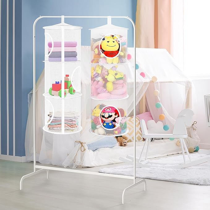 2Pcs Stuffed Animal Storage Foldable Stuffed Animal Net or Hammock Organizer, 3 Compartments Hanging Mesh Toy Storage Hammock for Kid Room Toys, Gloves, Hats, Socks(White)