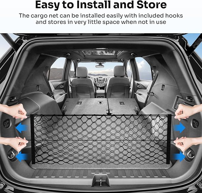 Trunk Cargo Net for 2018-2025 2026 Chevy Equinox & GMC Terrain Accessories Envelope Style Mesh Trunk Net Organizer and Storage Stretchable Elastic Nylon Rear Cargo Netting with Hooks