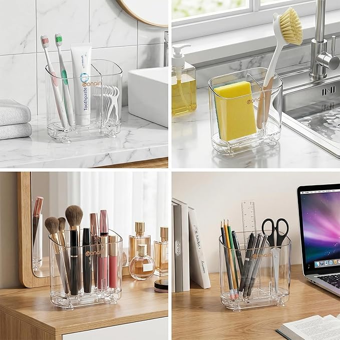 Acrylic Electric Toothbrush Holder with Detachable Base, 2 Slots Wall-Mounted Bathroom Storage Caddy, Clear Makeup Brush Organizer with Removable Divider for Toothpaste, Razors, Kitchen & Office Desk