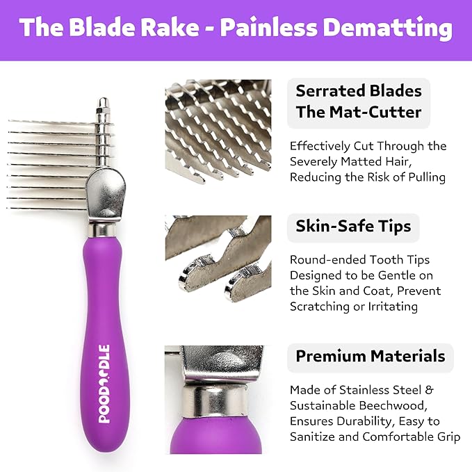 Poodoodle Pain-Free Dematting Comb Kit for Dogs & Cats, Dematting Rake & Detangling Dual-Side Comb Set, Dematting Brush for Dogs & Cats, Pet Grooming Tools Kit for Poodle Doodle & All Long Haired Pets
