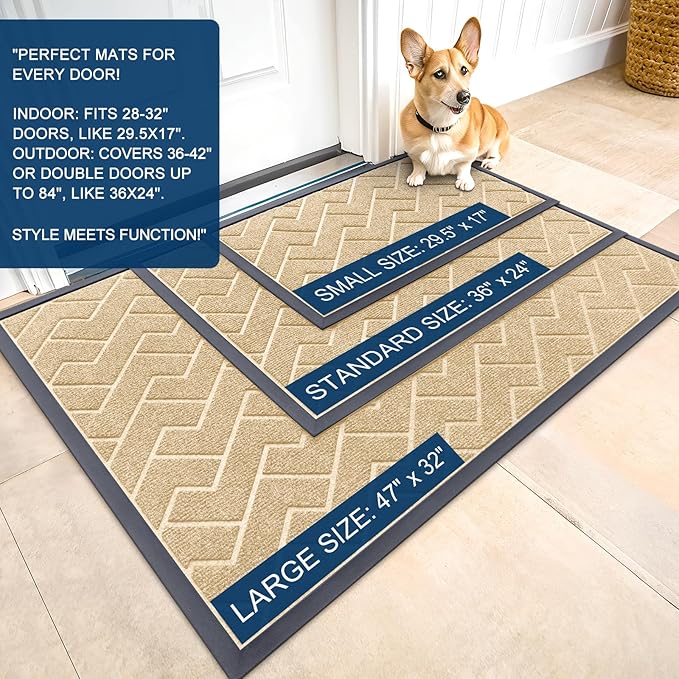 OLANLY Front Door Mat Indoor Outdoor Entrance, Waterproof All-Season, All-Weather Doormat, Sturdy Natural Rubber, Low Profile, Easy Clean Patio Porch Entryway Mat, Herringbone Brick (Beige, 35x23)