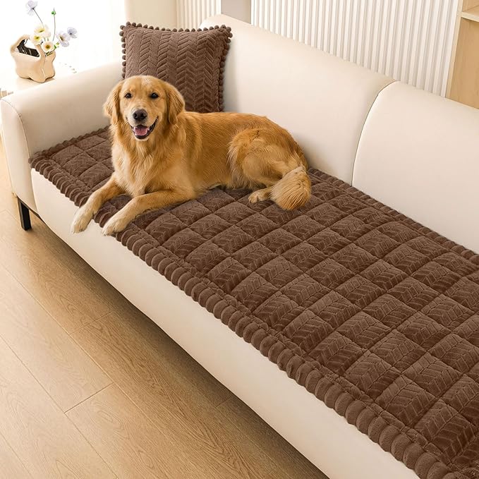 Smiry Non Slip Couch Covers for Dogs, Fuzzy Pet Couch Covers for 2-3 Cushion Sofa Pet Friendly, Soft Sofa Slipcovers Cushion Furniture Protector Washable (Brown, 35.4" x 63")
