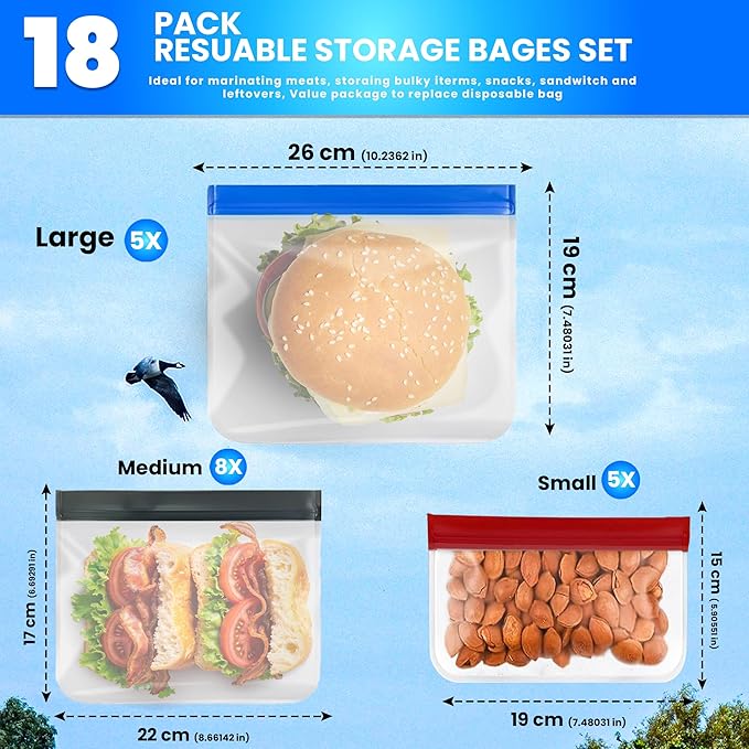 Reusable Food Storage Bags for Meal Prep, Freezer & Lunch – 18-Pack (5 Small, 8 Medium, 5 Large) Extra Thick BPA-Free Ziplock Bags – Leakproof, Dishwasher Safe, Microwave & Freezer Friendly