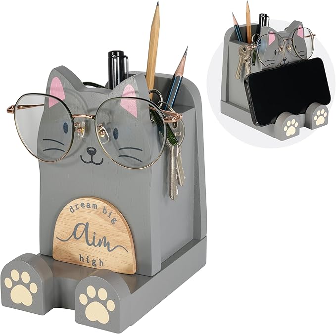 I'm Solid Wood Multipurpose Eyeglass Phone Pen & Pencil Holder Stand Stationery Desk Box Organizer Accessories Decor,Home Office Desktop Decoration Birthday Graduation Gifts for Cat Lovers (Kitty)