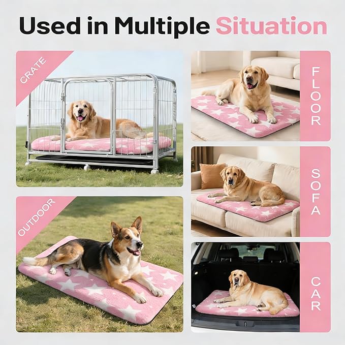 Fogkiss Dog Bed Mat, Reversible Crate Pad & Durable Dog Bed - Machine Washable Kennel Mat with Ultra Soft for Large Dogs (Big&Small Stars Pink, 35" L*23" W*1.5" Th)