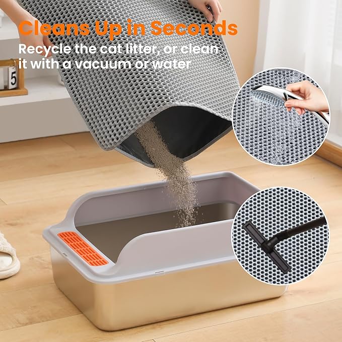 Petinstinct Jumbo Cat Litter Mat, 46x26 Inches Double Layer Honeycomb Litter Trapping Mat, Non Slip Waterproof Urine Proof Extra Large Cat Litter Box Mat, Kitten Supplies and Essentials, XXL, Gray