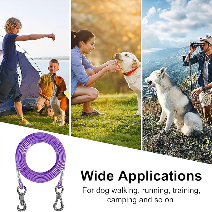 Tresbro 40FT Reflective Tie Out Cable for Dogs Up to 250 Pounds, Steel Wire Lead Leash Cable with Stainless Rotatable Buckle, Lightweight and Enduring, Dog Chains Outside for Outdoor, Yard, Purple