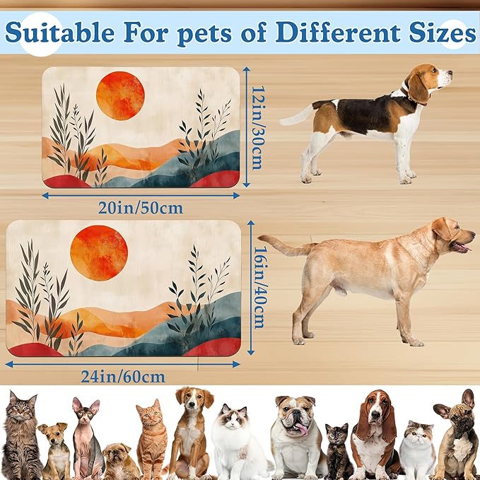 Boho Mountain Sun Pet Food Mat for Cats and Dogs–Absorbent Quick Dry Feeding Placemat, Non Slip Rubber Base, Waterproof Bowl Mat for Indoor Use, Pet Supplies 16"x24"
