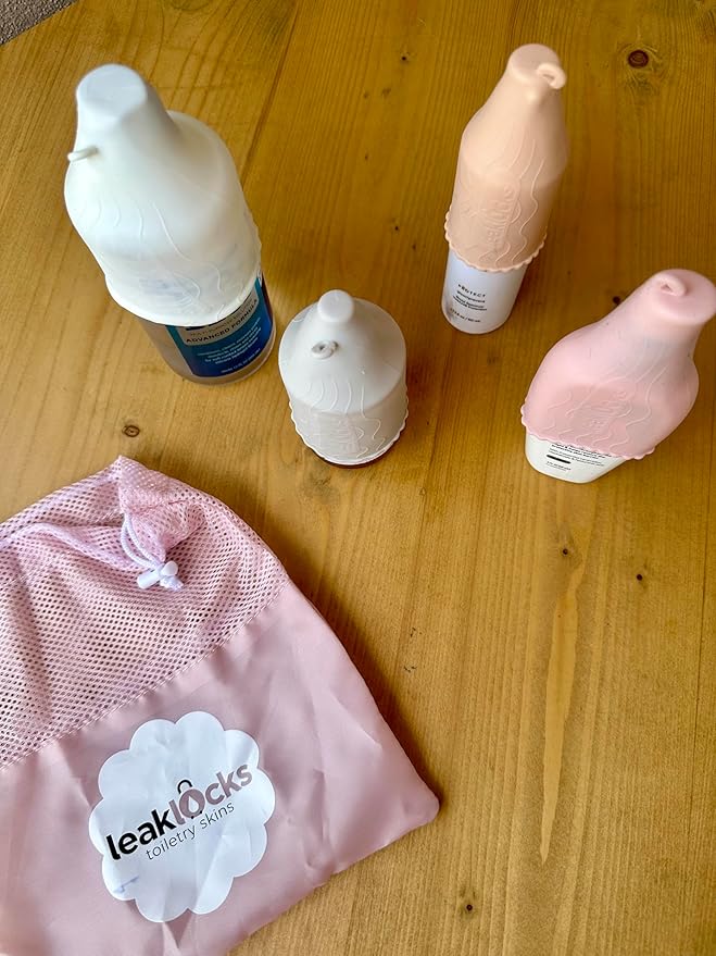LeakLocks® Toiletry Skins™ Elastic Sleeve for Leak Proofing Travel Container in Luggage. For Standard and Travel Sized Toiletries. Reusable Accessory for Travel Bag Suitcase and Carry-on Luggage