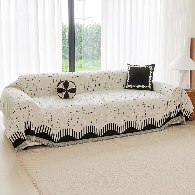 Boho Couch Cover for Dogs - Pet Proof Sofa Covers for 2 Cushion Couch, Non-Slip Chenille Sofa Slipcover, Pet Friendly Furniture Cover Fits Love Seat, 71"x118", Beige