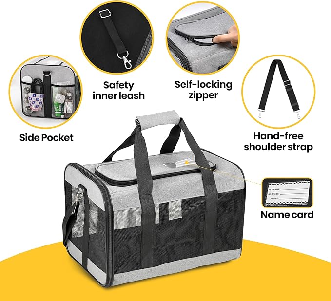 Conlun Cat Carrier Airline Approved, Soft-Sided Dog Carrier with Inner Safety Leash, Pet Transport Carrier for Small-Medium Cats Puppies up to 15 Lbs, Collapsible Travel Kitten Carrier Bag -Gray M
