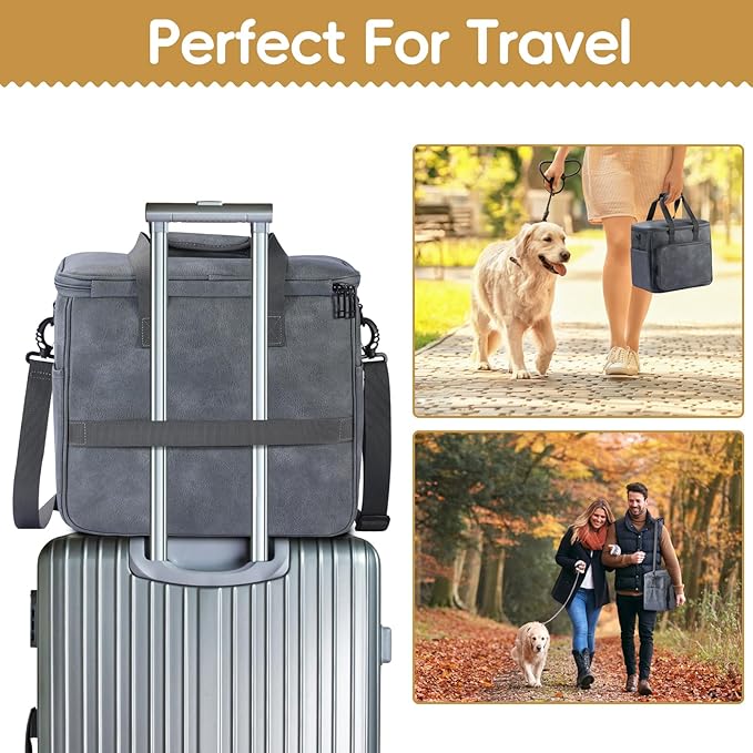 Lasaviin Dog Travel Bag, Leather Travel Pet Bag Set for Dog and Cat, Airline Approved Tote Organizer with Multi-Function Pockets, 2 Food Storage Containers, 2 Collapsible Bowls