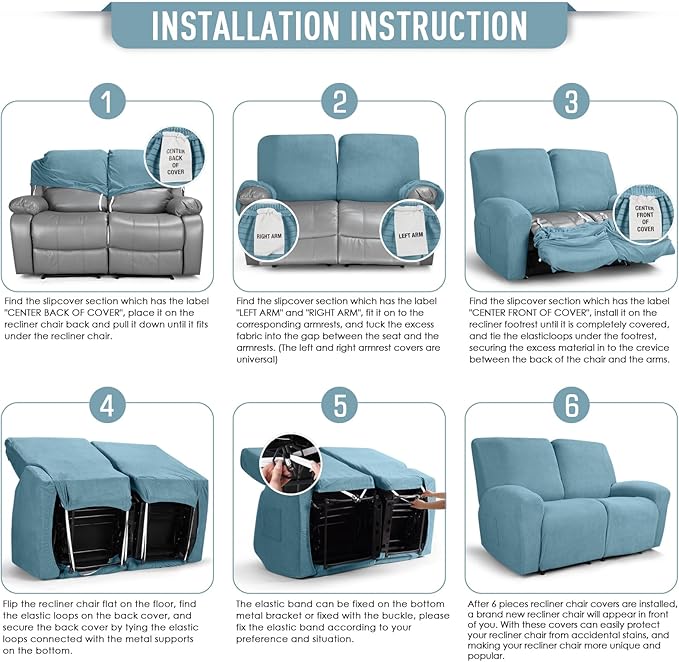 TAOCOCO Recliner Loveseat Slipcover, 6 Pieces Dual Recliner Sofa Covers for 2 Seat Dual Reclining Loveseat Couch, Stretch Soft Jacquard Pattern Furniture Protector with Elasticity (Dusty Blue)