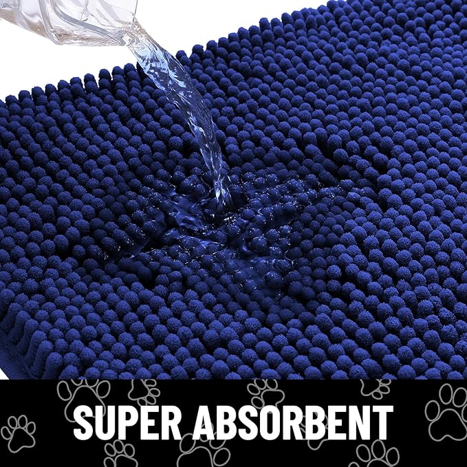 Smiry Dog Door Mat for Muddy Paws, Absorbent Dirt Trapper Non Slip Quick Dry Washable Chenille Mat for Mud Dogs, Entry Rug for Indoor and Outdoor (71x46 Inches,Navy Blue and White)