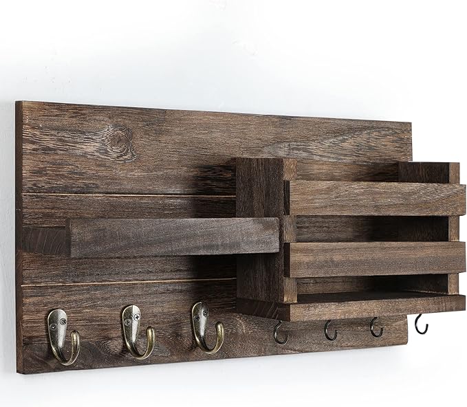Lwenki Mail Organizer for Wall Mount – Key Holder with Shelf Includes Letter Holder and Hooks for Coats, Dog Leashes – Rustic Wood with Flush Mounting Hardware (16.5” x 8.7” x 3.5”)