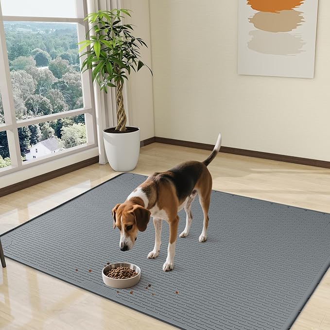 Dog Food Mat, Extra Large 50" x 35" Silicone Pet Feeding Mat with Raised Edge Pet Placemat for Small, Medium, and Large Pets Non-Slip, Easy to Clean (Dark Grey)