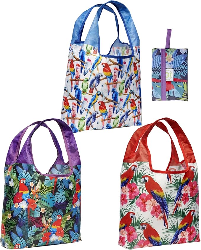 O-WITZ Reusable Grocery Bags | Vibrant Tote Bag For Groceries, Gym, Office, Beach, Toys & More | Washable Design With Large Handles For Maximum Convenience | Folds Into A Small Pouch, 3-pack, Parrots