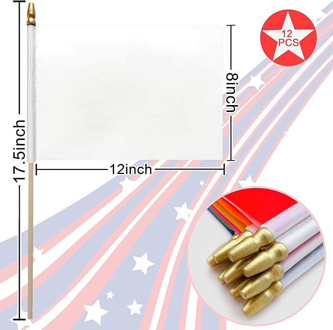 12Pcs 8×12 Inch Red White Blue Black Orange Yellow Green Purple Pink Flags Set on Wood Stick Small Mini Solid Color Blank Sublimation Handheld Flags for DIY Graffiti