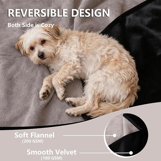 Waterproof Dog Blanket for Bed, Reversible Pet Couch Throw Blankets Leak Proof Sofa Protector for Furniture Machine Washable-82x120,Black+Lightgrey