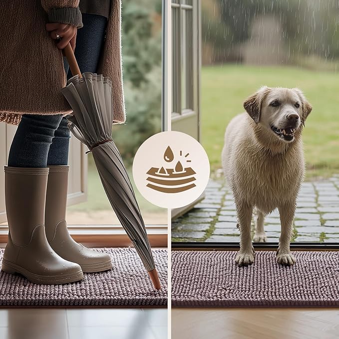 EHEYCIGA Super Absorbent Dog Door Mat for Muddy Paws 48x30 Inch Indoor, Front Doormat Outside Entrance, Quick Dry Chenille Washable Dog Crate Bed, Non-Slip Pet Rug Mud Mat Outdoor Entryway, Brown