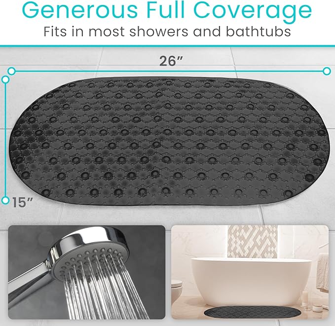 Vive Oval Bathtub Mat - Nonslip Shower Floor Pad - Non-Slip and Non-Skid for Bath Tub with Strong Rubber Suction Cup Grip - for Baby, Elderly, Kids, Bathroom (Black)