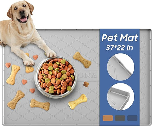 URMONA Large Dog Food Mat, 37" x 22" Pet Food Mat, Waterproof Dog Cat Food Mat with Raised Edges, Silicone Pet Food Mat, Dog Accessories, Prevents Food Spills, Protects Floors, Easy to Clean Fast