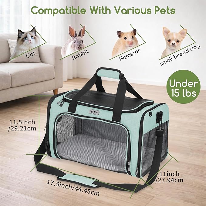 Pet Carrier for Cats & Small Dogs, Travel Carrier with Anti-Collapse Support, Chew Resistant Buckles, Luggage Sleeve, Multi-Pocket Storage, Reversible Mat & Bowl (Green, Medium (17.5"x11"x11.5"))