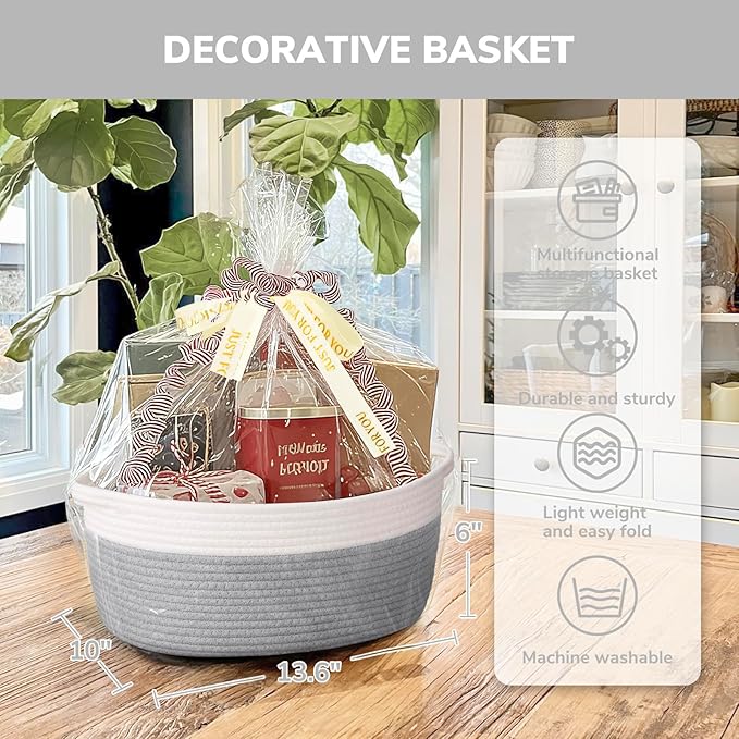 CHICVITA Gift Basket Empty to Fill, Woven Baskets for Storage, Rope Decorative Baskets with Gift Bags & Ribbon for Baby Girl, Dog Toy Storage, 13.6"x 10" x 6", Grey
