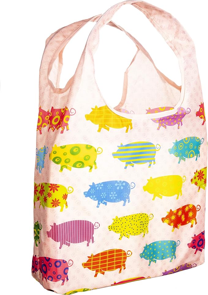 O-WITZ Reusable Grocery Bags | Vibrant Tote Bag For Groceries, Gym, Office, Beach Gear, Toys & More | Washable Design With Large Handles For Maximum Convenience | Folds Into A Small Pouch, Pig