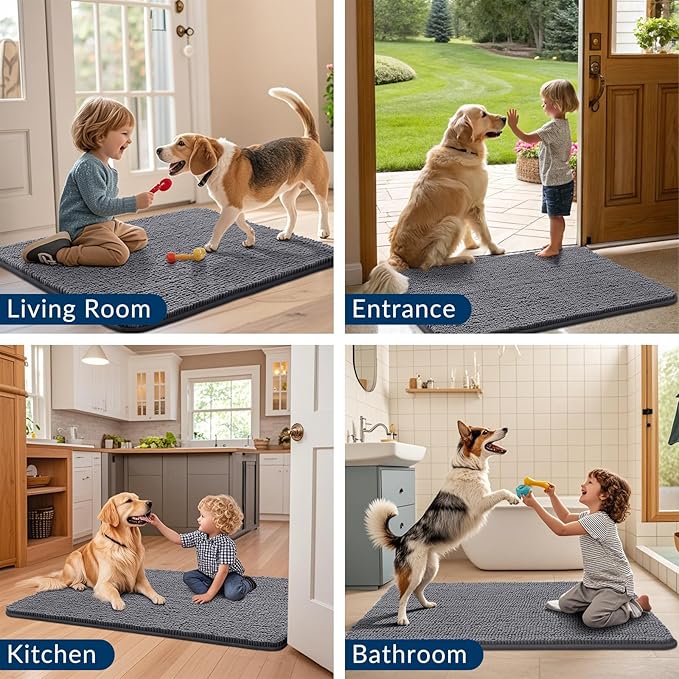 Smiry Dog Door Mat for Muddy Paws 47x20, Absorbs Moisture and Dirt Doormat, Non-Slip Washable Quick Dry Chenille Front Door Mat Indoor Entrance, Entryway Carpet for Inside Floor, Dark Grey