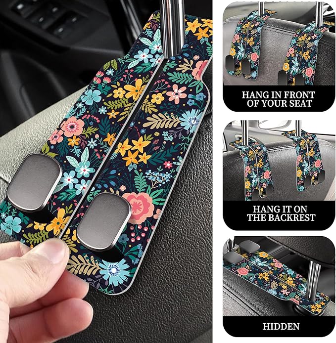 PU Leather Car Seat Hook, Storage Headrest Hanger, Cute Car Backseat Organizer, Car Hooks For Purses and Bags Dark Floral Pattern