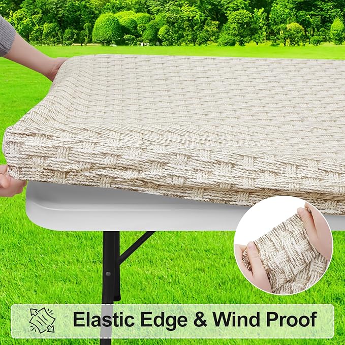 misaya Rectangle Vinyl Tablecloth, Fitted Table Cover, 100% Waterproof, Elastic Edge, Flannel Backing, Table Cloth Fit 6 Foot Folding Tables for Picnic, Camping, Outdoor (Weave, 30x72 inch)