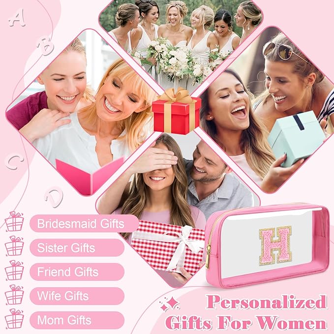 Personalized Initial Letter Clear Makeup Bag,Preppy Small Nylon&PVC Cosmetic Zipper Bag with Chenille Letter,Portable Beach Travel Skincare Toiletry Bag,Trendy Monogram Gift for Teen Girls Women,H