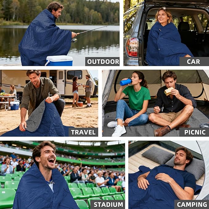 KawaGebo Kamp Outdoor Waterproof Blanket, Foldable Fleece Stadium Blanket for Outdoor Sports Event, Camping, Car, Pet, Picnics - Windproof, Wearable, Machine Washable 80" x 58" (Dark Blue)