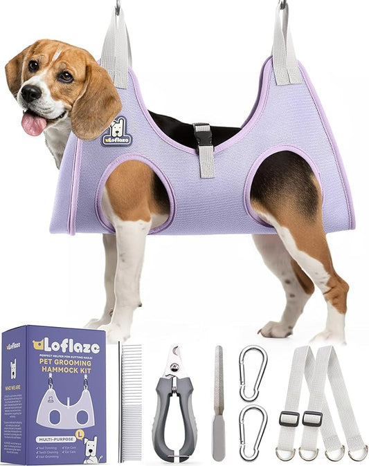 Dog Grooming Hammock Harness for Dogs & Cats with Pet Nail Clipper Trimmer - Cat Hanger Sling for Trimming Clipping Nails- Dog Hammock Restraint Bag for Small Medium Large pet （ Purple L）