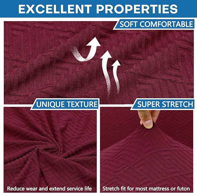 ZNSAYOTX Stretch Fit Futon Cover (67"-82") Armless Futon Sofa Bed Slipcover with Elastic Band, Universal Foldable Sofa Mattress Protector Full Queen Size, Washable Comfort Jacquard (Wine Red)