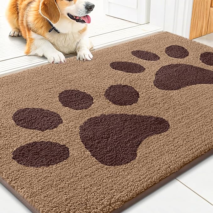 Smiry Dog Door Mat for Muddy Paws, Absorbs Moisture and Dirt, Low-Profile Entryway Mat with Non-Slip Backing, Entry Indoor Outdoor Doormat for Inside Floor (30x20 Inches, Beige, Paw)