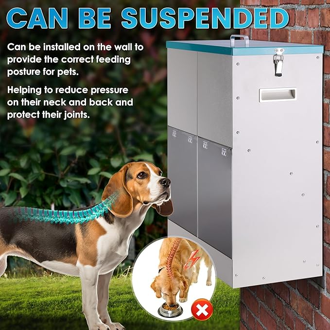 46lbs Automatic Dog Feeder for 2 Dogs Large Breed Dog Food Dispenser Outdoor Gravity Dual Pet Feeder Galvanized Steel Hangable Outside Pet Feeding Station