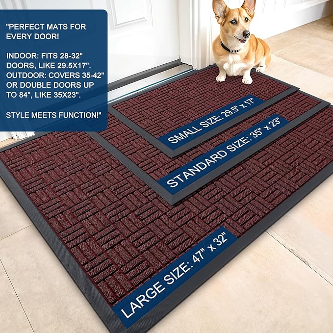 OLANLY Front Door Mat Outside Entrance 47x23, Absorbent, Heavy Duty Sturdy Natural Rubber Doormat Indoor Outdoor, Non-Slip, Stain and Fade Resistant, Low Profile Floor Mat for Entryway, Burgundy