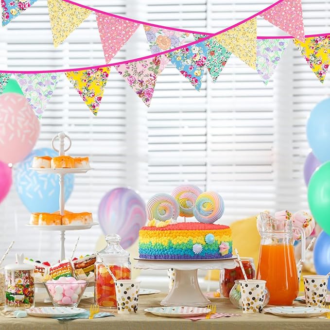G2PLUS 39Ft Triangle Bunting Banner, Floral Cotton Pennant Banner, 42pcs Reusable Vintage Fabric Triangle Flags for Wedding, Birthday, Tea Party, Shabby Chic Garden Decorations